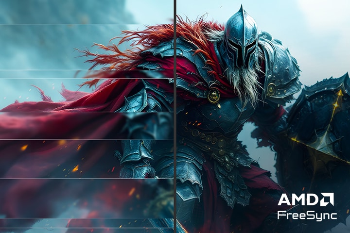 Levi ekran je podeljen na dva dela i zamućen,desni ekran se jasno vidi; u donjem desnom uglu je logotip AMD FreeSync.