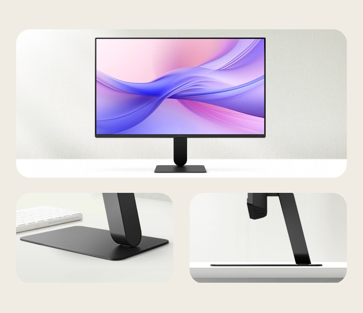 Prikaz monitora s uskim postoljem.Monitor se nesmetano rotira.Naglašava se uski okvir.Ističe se neupadljivo postolje monitora