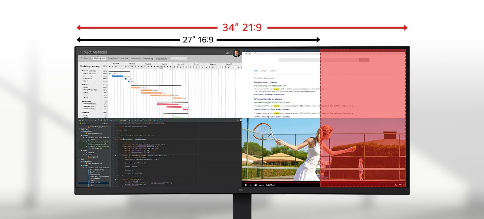 LG monitor na čijem su 34-inčnom ekranu razmere 21:9 prikazane aplikacije,s poređenjem prostora 27-inčnog ekrana razmere 16:9