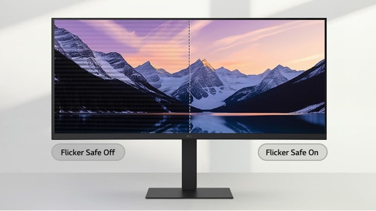 LG monitor čiji je ekran podeljen radi poređenja. Treperenje ekrana na levoj strani i jasna slika bez treperenja na desnoj