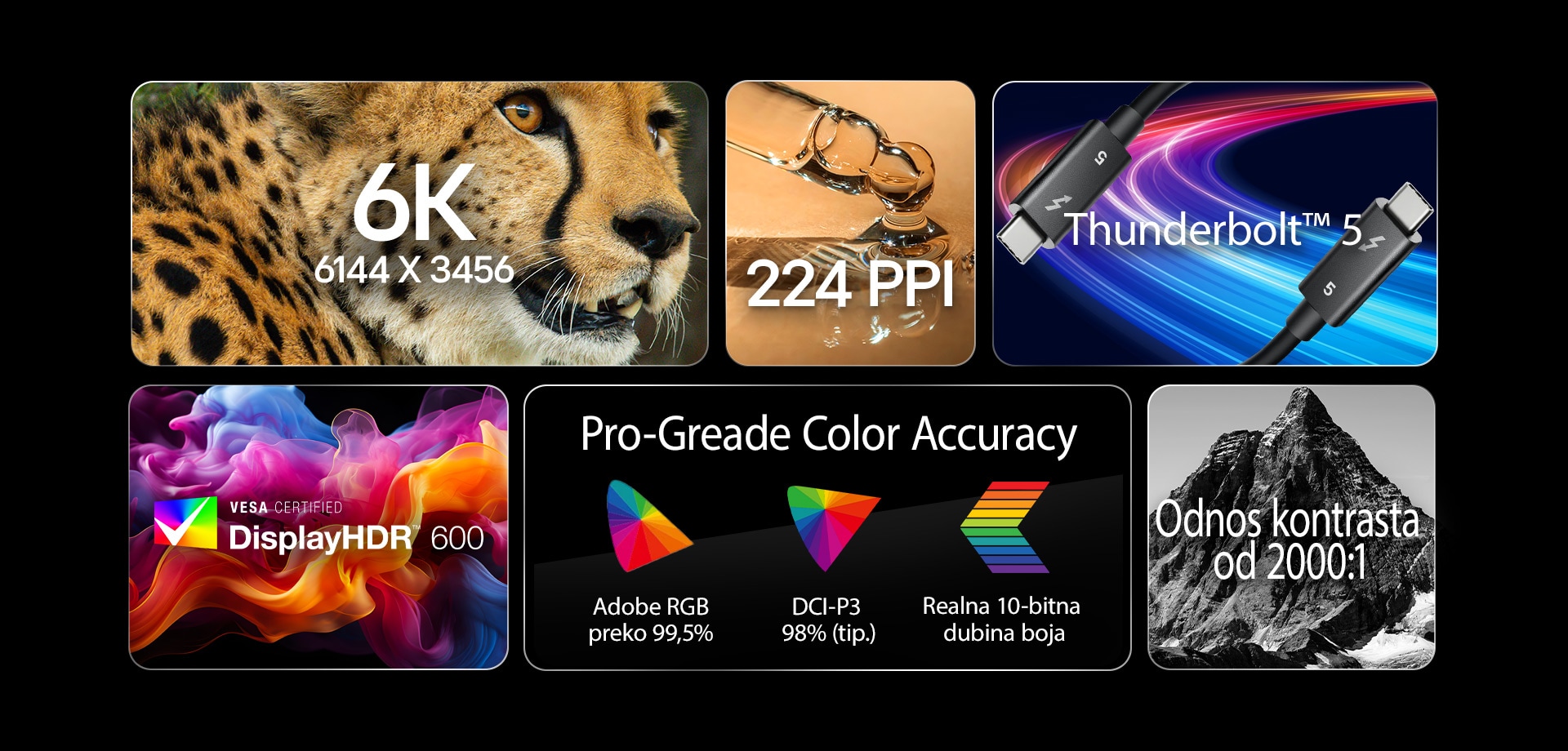 6 različitih slika s tekstom koji navodi ključne funkcije UltraFine monitora