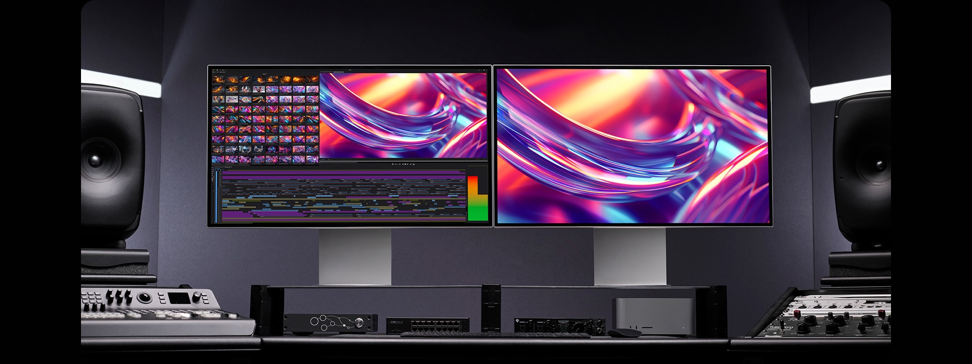 Dva identična UltraFine monitora na kojima su slike nalaze se u zamračenom studiju.