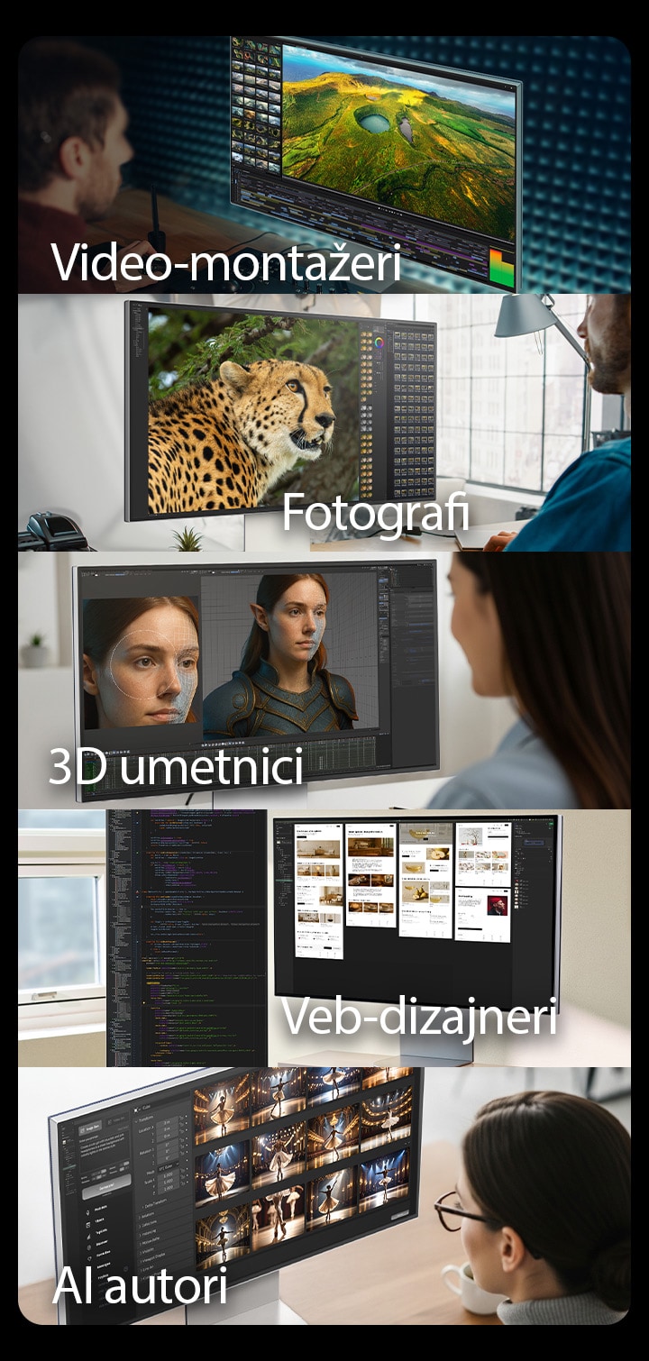 Pet slika s raznim kreativcima koji rade na UltraFine monitorima pomoću raznih alata.