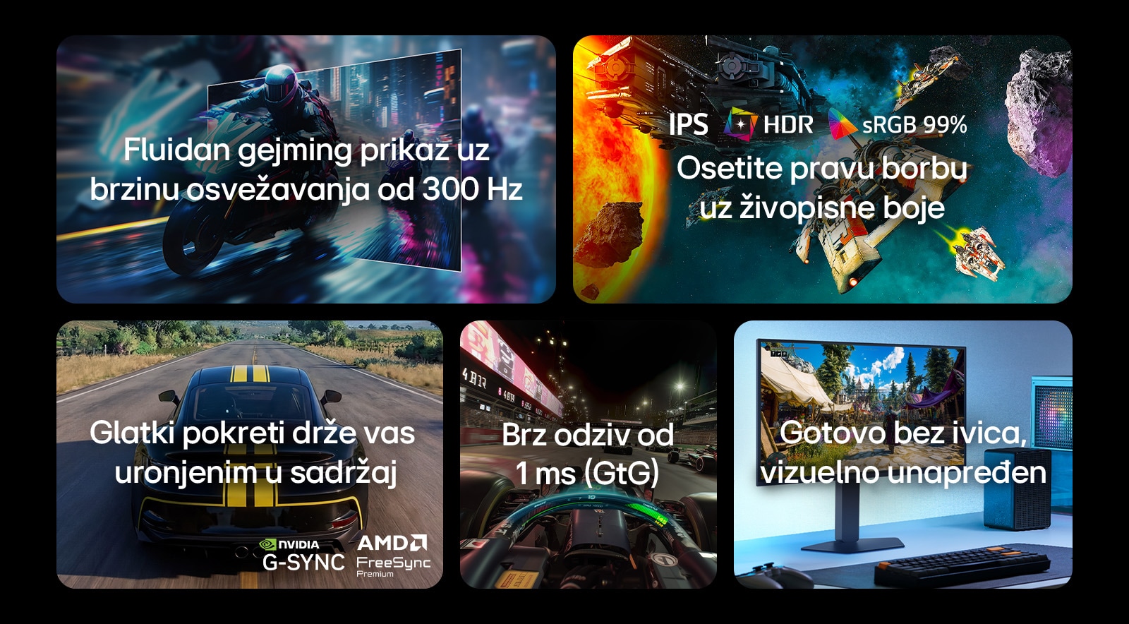 Brzina osvežavanja 300 Hz, IPS ekran koji podržava HDR i sRGB 99%, NVIDIA G-SYNC i AMD FreeSync Premium, vreme odziva 1ms GtG