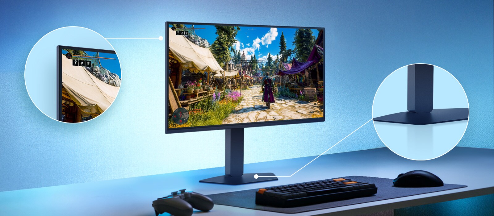 Prikazuje se gejming monitor UltraGear™ koji je postavljen na sto. Ističe se dizajn ekrana bez ivica i elegantno postolje.