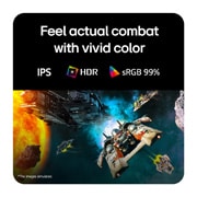 LG 27'' UltraGear™ FHD IPS monitor za igre sa brzinom osvežavanja od 300 Hz, Na gejming monitoru se vidi scena futurističke borbe koja prikazuje živopisne boje sa 99% sRGB opsegom, kao i IPS i HDR sertifikate., 27G550B-B, thumbnail 5
