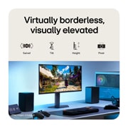 LG 27'' UltraGear™ FHD IPS monitor za igre sa brzinom osvežavanja od 300 Hz, Na ovoj slici gejming monitor UltraGear™ je postavljen na sto i prikazuje scenu iz igre, a ikone ukazuju na dizajn bez ivica na 3 strane monitora, podešavanje visine, podršku za nagib i mogućnost mont, 27G550B-B, thumbnail 9