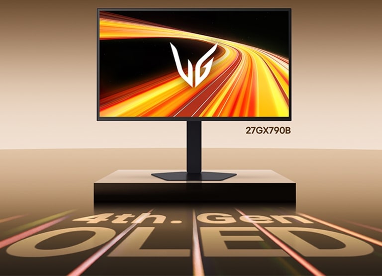 LG UltraGear 27GX790B gaming monitor displayed on a raised platform with a high-speed light trail graphic shown on screen. The floor projection reads ‘4th Gen OLED,’ emphasizing the OLED generation of the product.