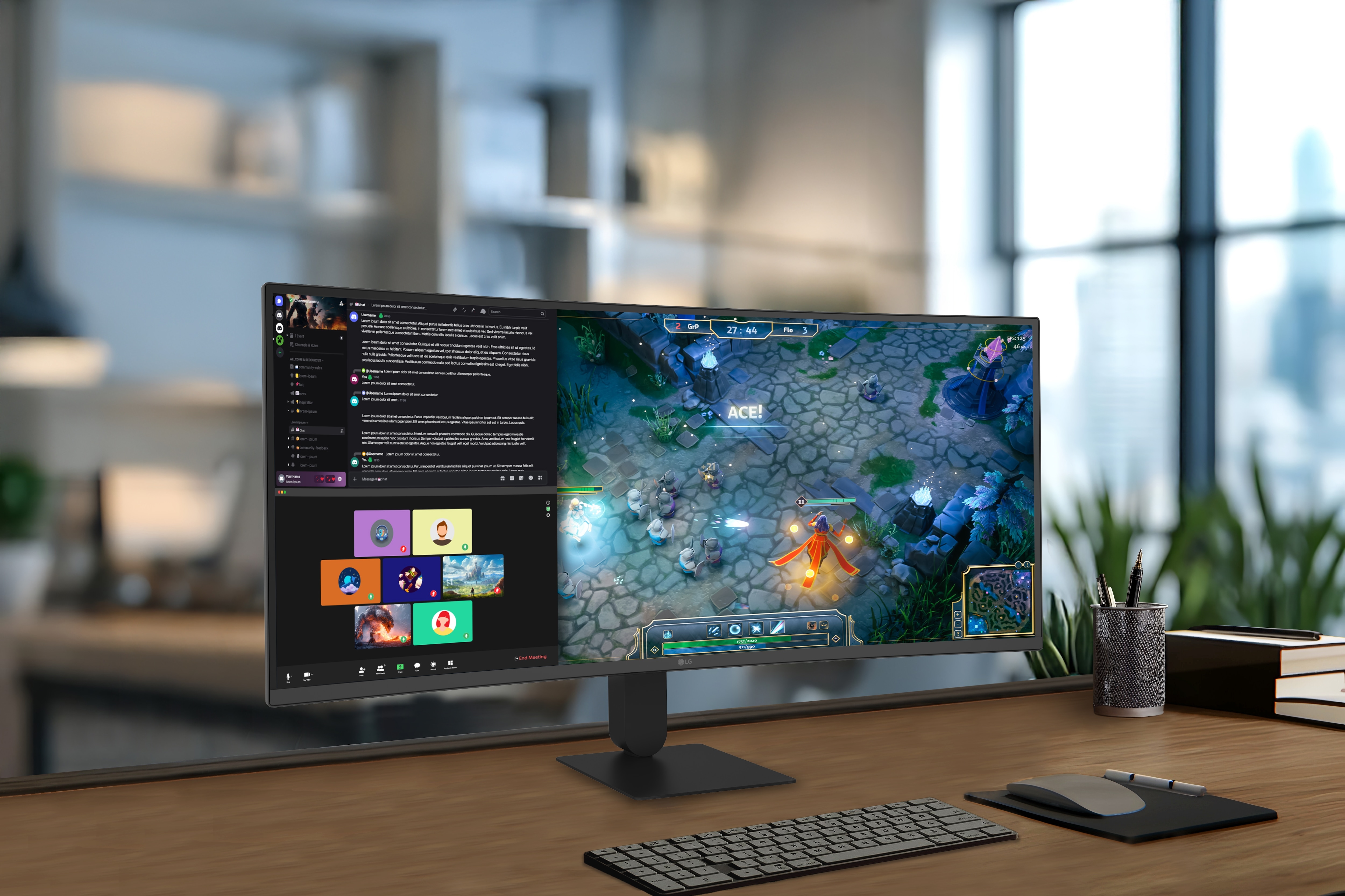 LG monitor na stolu, koji prikazuje igru na zakrivljenom ekranu zajedno s interfejsom za obavljanje više zadataka istovremeno