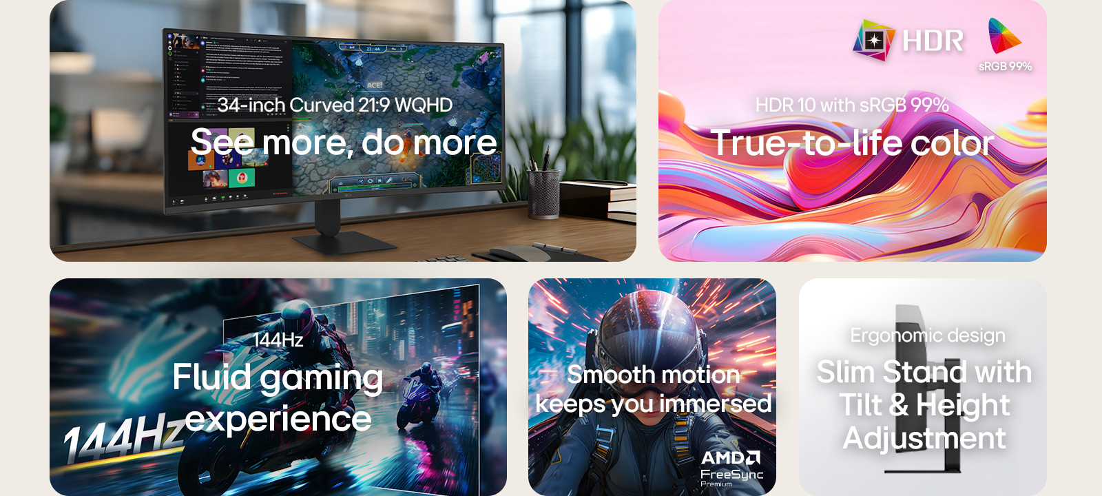 HDR10 s sRGB 99%, USB-C povezivanje, osvežavanje od 144Hz, podršku za AMD FreeSync i postolje s podešavanjem nagiba i visine.