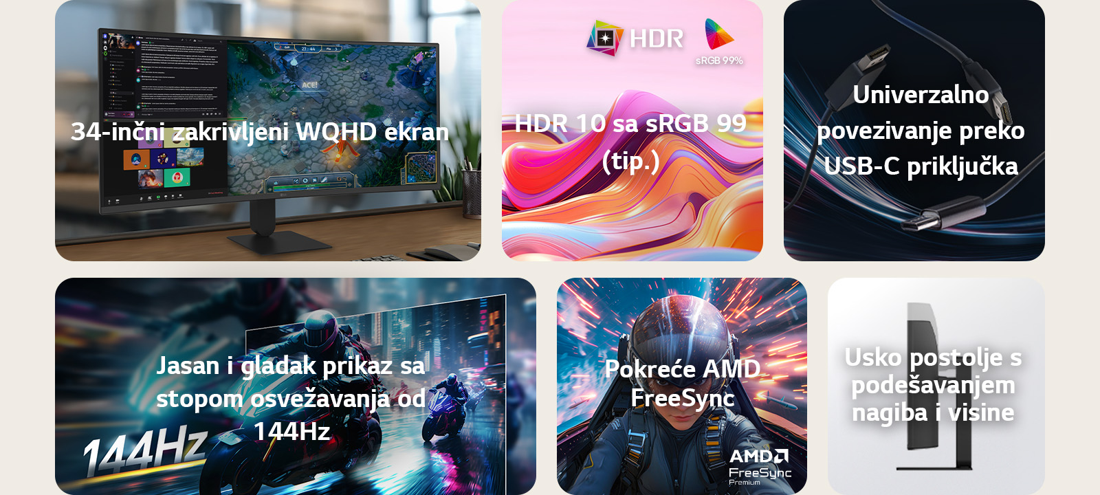 HDR10 s sRGB 99%, USB-C povezivanje, osvežavanje od 144Hz, podršku za AMD FreeSync i postolje s podešavanjem nagiba i visine.