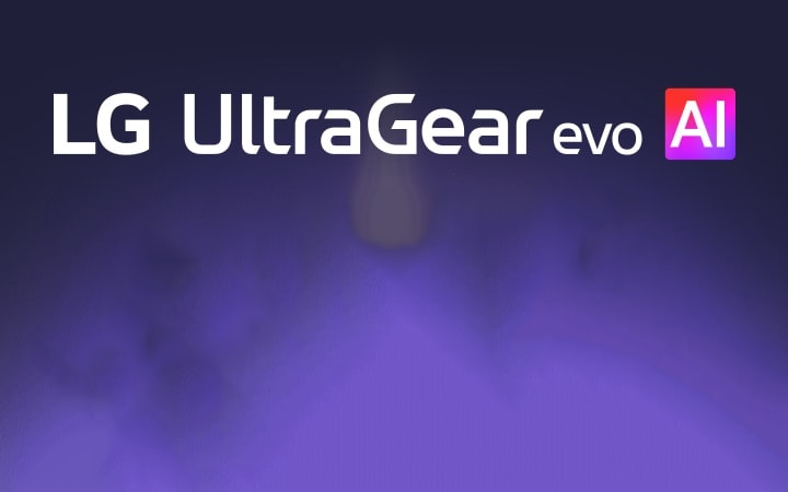 Logotip UltraGear™ evo AI u futurističkoj prostoriji sa neonskim osvetljenjem. 
