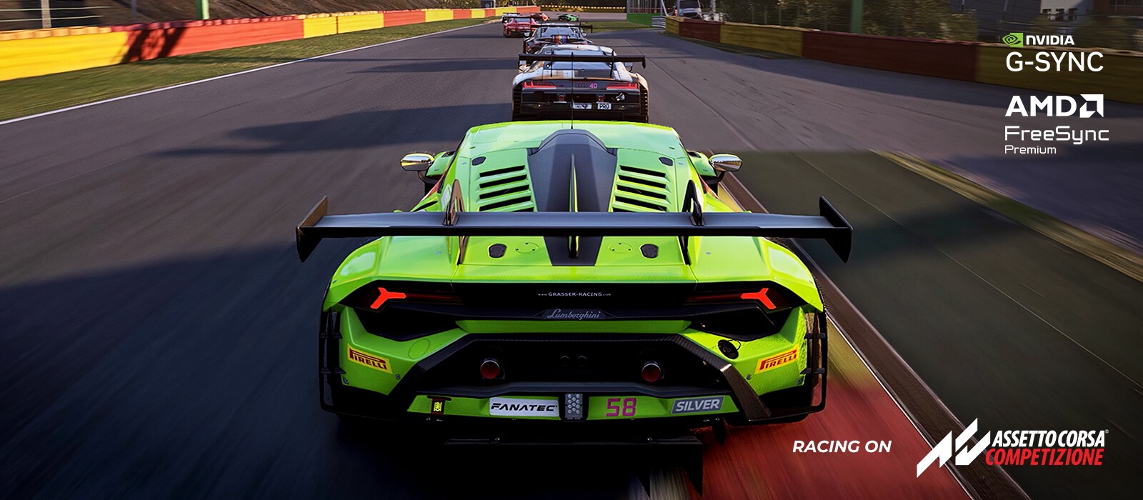 A high-speed racing game scene shows a green supercar chasing its competitors on a track, showcasing smooth, tear-free gameplay with AMD FreeSync Premium.