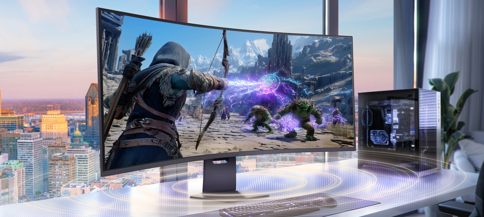 A gaming monitor displaying a RPG game scene shows sound waves coming from the bottom of the monitor with 10W x2 stereo sound.