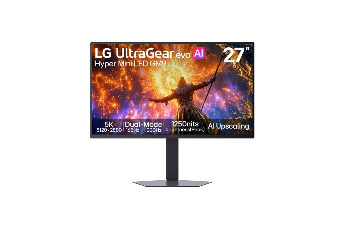 LG 27'' UltraGear™ IPS 5k Dual-Mode monitor za igre, Pogled spreda na UltraGear evo GM9 od 27 inča, Hyper Mini LED gejming monitor sa dva režima rada (5K 165Hz ili QHD 330Hz) (27GM950B) koji prikazuje scene iz igre, 27GM950B-B, thumbnail 2
