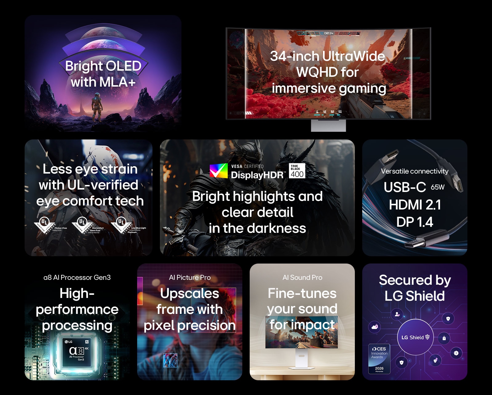 'Video prikaz LG Smart Gaming monitora: 34” WQHD OLED, AI Picture Pro, AI Sound Pro, USB-C i LG Shield zaštita.