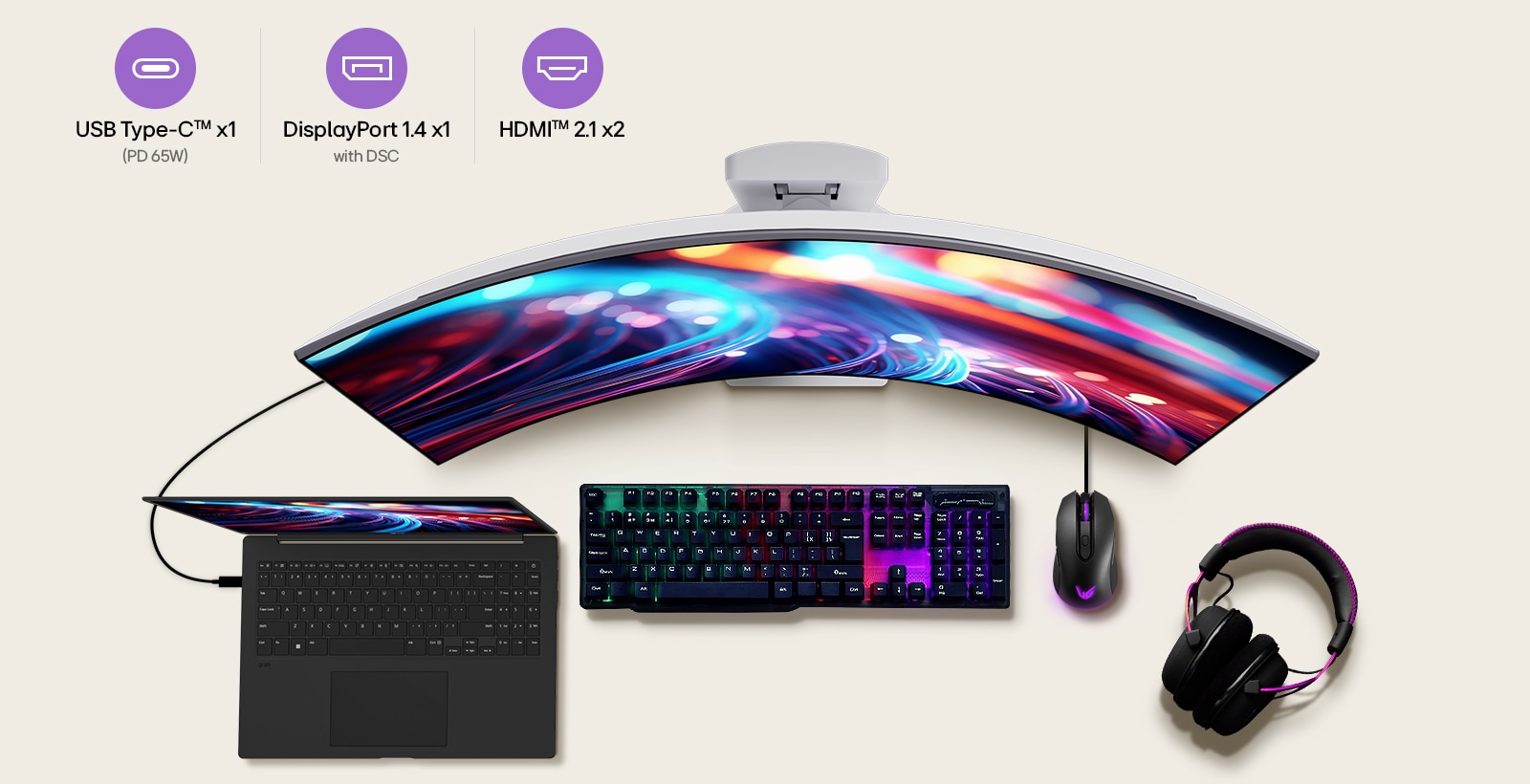LG zakrivljeni gejming monitor sa USB-C 65W, DisplayPort 1.4, HDMI 2.1 i raznovrsnim opcijama povezivanja.