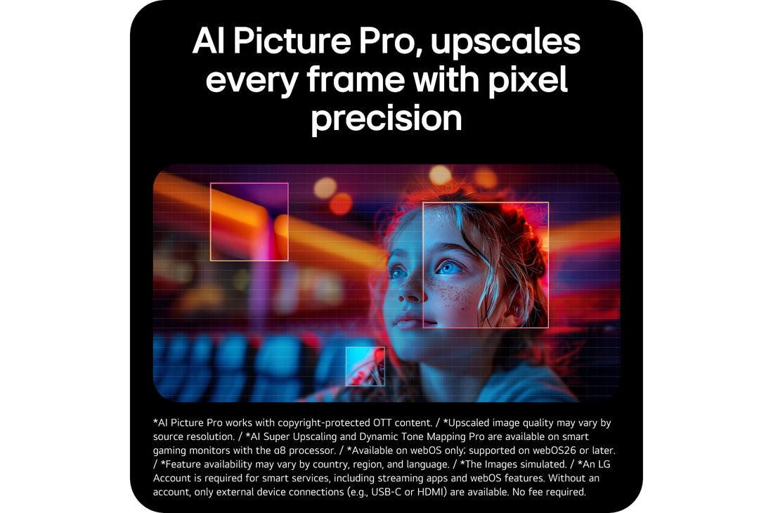 LG UltraGear™ GX9s od 34 inča, OLED gejming monitor koji pokreće webOS, Ova slika ističe AI Picture Pro, prikazujući naprednu tehnologiju unapređivanja rezolucije koja poboljšava svaki kadar sa boljom jasnoćom, detaljima i preciznošću na nivou piksela., 34GX90SB-W, thumbnail 5