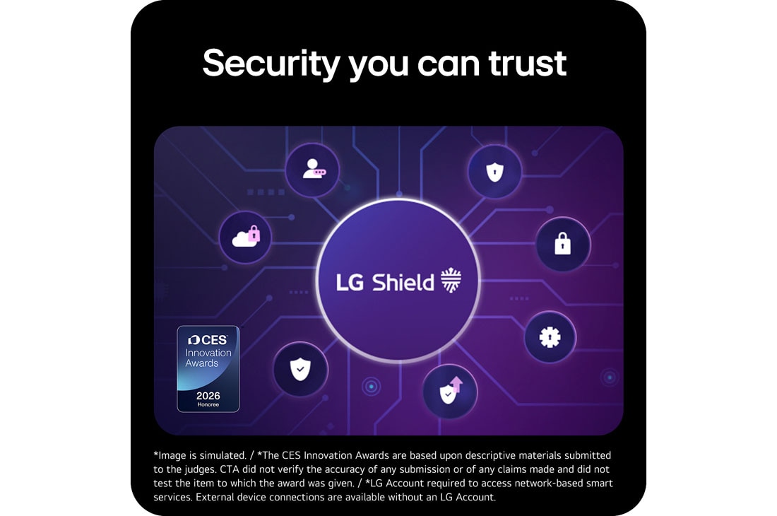 LG UltraGear™ GX9s od 34 inča, OLED gejming monitor koji pokreće webOS, Ova slika ističe LG Shield bezbednosni sistem sa mrežnom enkripcijom, zaštitom podataka i višeslojnom bezbednosnom vizuelizacijom, naglašavajući bezbedno skladištenje podataka, siguran prenos i nagrađ, 34GX90SB-W, thumbnail 7