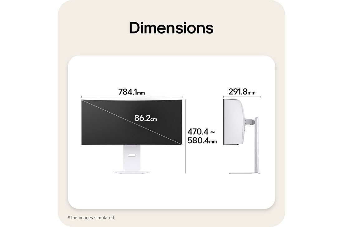 LG UltraGear™ GX9s od 34 inča, OLED gejming monitor koji pokreće webOS, Pogledi spreda i sa strane na gejming monitor predstavljaju njegove ukupne dimenzije i dizajn profila., 34GX90SB-W, thumbnail 15