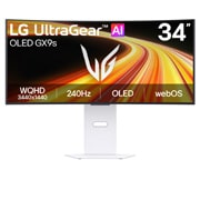 LG UltraGear™ GX9s od 34 inča, OLED gejming monitor koji pokreće webOS, Ova slika prikazuje pogled spreda na LG UltraGear OLED GX9s gejming monitor od 34 inča, sa OLED ekranom WQHD (3440×1440) rezolucije, brzinom osvežavanja od 240 Hz i operativnim sistemom webOS., 34GX90SB-W, thumbnail 1