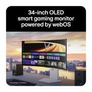 LG UltraGear™ GX9s od 34 inča, OLED gejming monitor koji pokreće webOS, UltraGear™ GX9s OLED gejming monitor prikazuje webOS interfejs na zakrivljenom ekranu, na stolu sa stereo zvučnicima., 34GX90SB-W, thumbnail 4