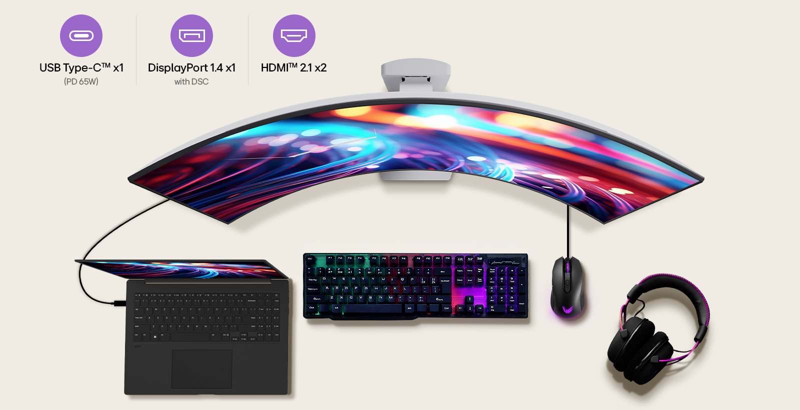 LG zakrivljeni gejming monitor sa USB-C 65W, DisplayPort 1.4 i HDMI 2.1 za rad, igranje i povezivanje.