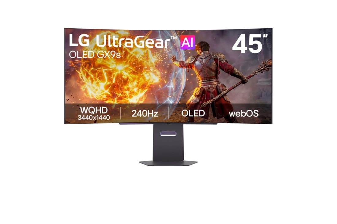 LG UltraGear™ GX9s od 45 inča, OLED gejming monitor sa webOS-om, Ova slika prikazuje prednji deo LG UltraGear OLED GX9s gejming monitora od 45 inča, sa OLED ekranom WQHD (3440×1440) rezolucije, brzinom osvežavanja od 240 Hz i webOS-om, uz prikaz gejming grafike., 45GX90SB-B, thumbnail 2