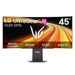 Ova slika prikazuje prednji deo LG UltraGear OLED GX9s gejming monitora od 45 inča, sa OLED ekranom WQHD (3440×1440) rezolucije, brzinom osvežavanja od 240 Hz i webOS-om.2