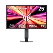 LG 25-inčni UltraGear G5, prvi IZVORNI 1000Hz FHD gejming monitor na svetu, Prednja strana UltraGear G5 gejming monitora (25G590B) na kome se prikazuje FPS igra sa FHD rezolucijom, izvornom brzinom osvežavanja od 1000 Hz, kao i MBR Pro i IPS tehnologijom., 25G590B-B, thumbnail 1