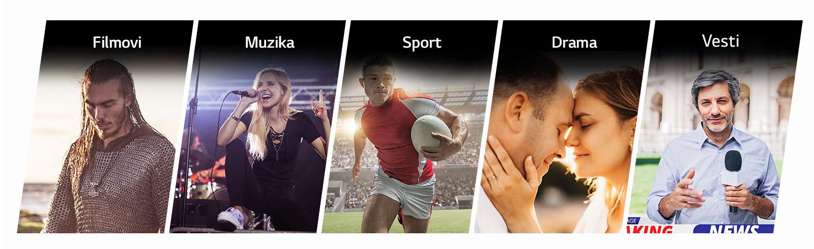 Pet slika sleva nadesno na kojima se prikazuje muškarac u lančanom oklopu (verižnjači), žena koja peva u mikrofon, ragbista, par sa licima pritisnutim jedno o drugo i voditelj koji izveštava.