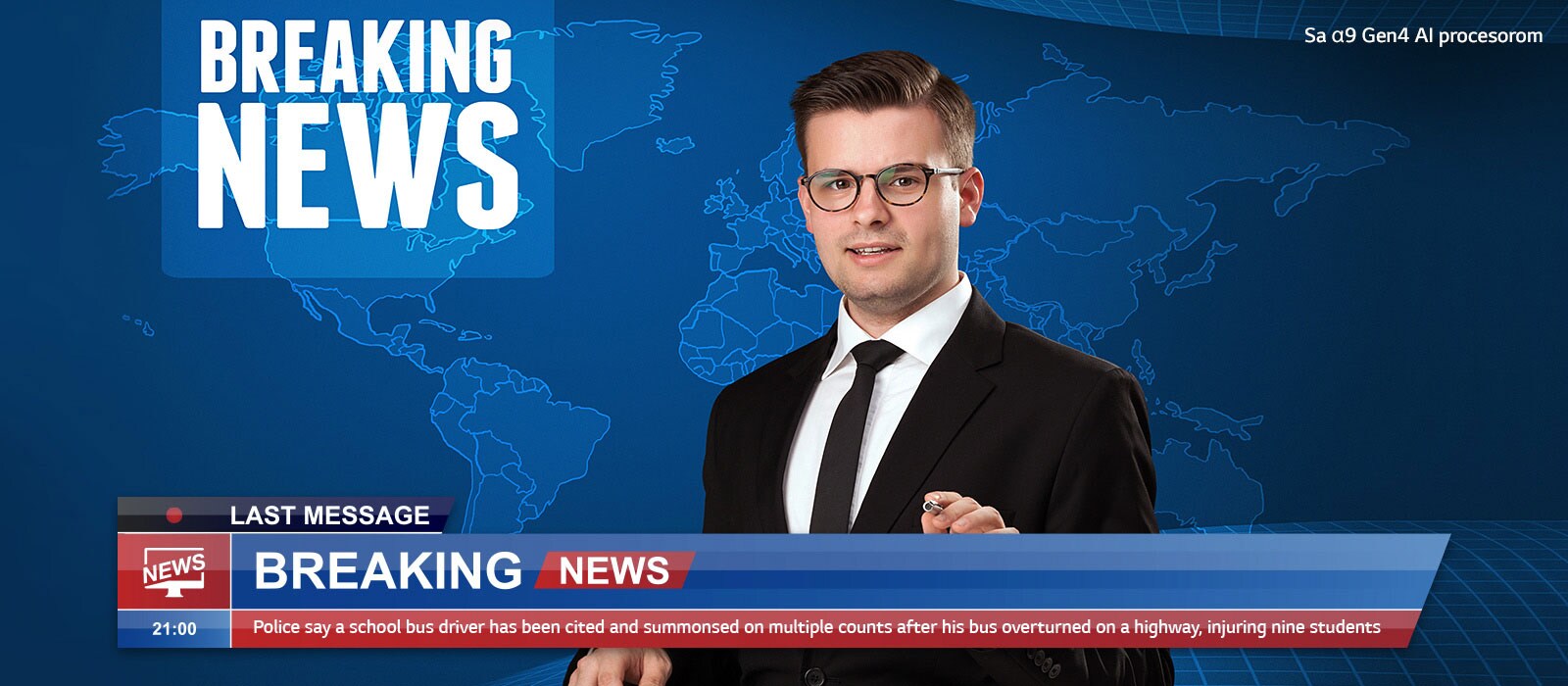 Klizno poređenje kvaliteta slike reportera koji iznosi najnovije vesti dok je u pozadini mapa sveta.