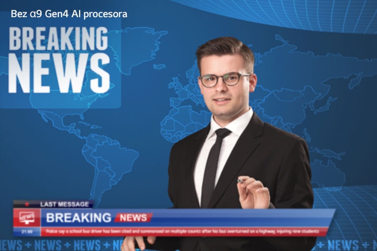 Klizno poređenje kvaliteta slike reportera koji iznosi najnovije vesti dok je u pozadini mapa sveta.