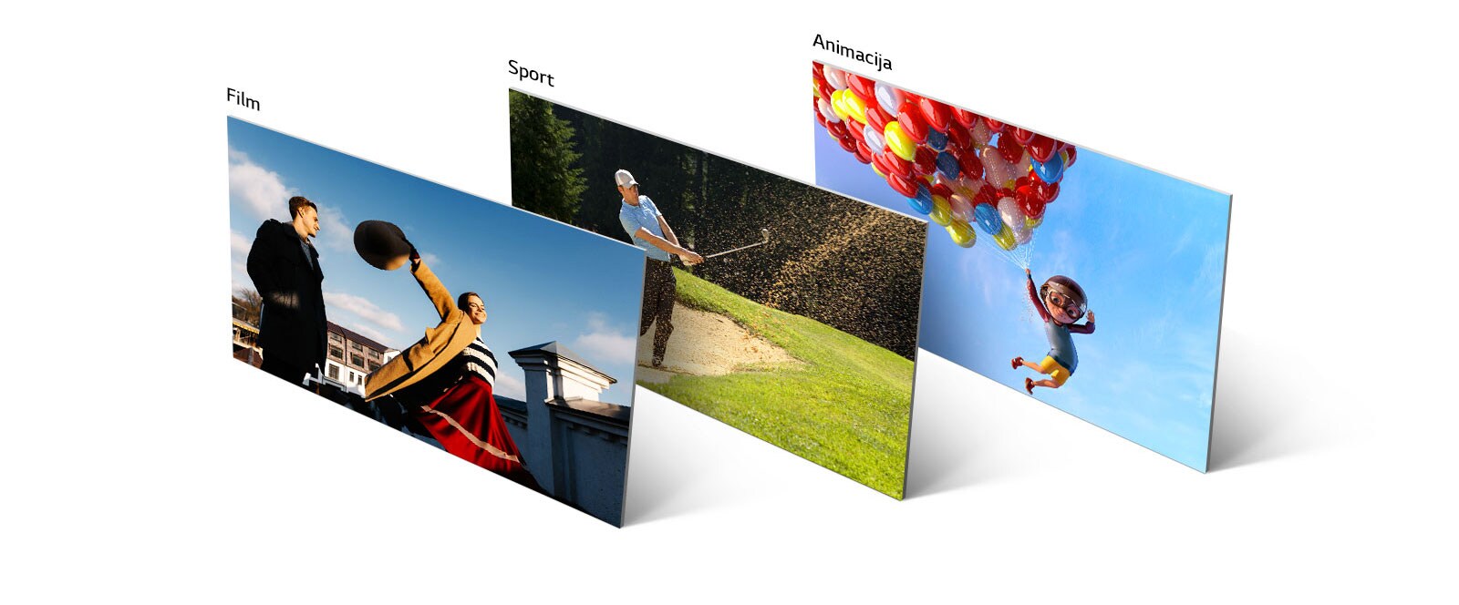 Scena iz filma, igre golfa i animacije poređane su vertikalno i iskošeno.