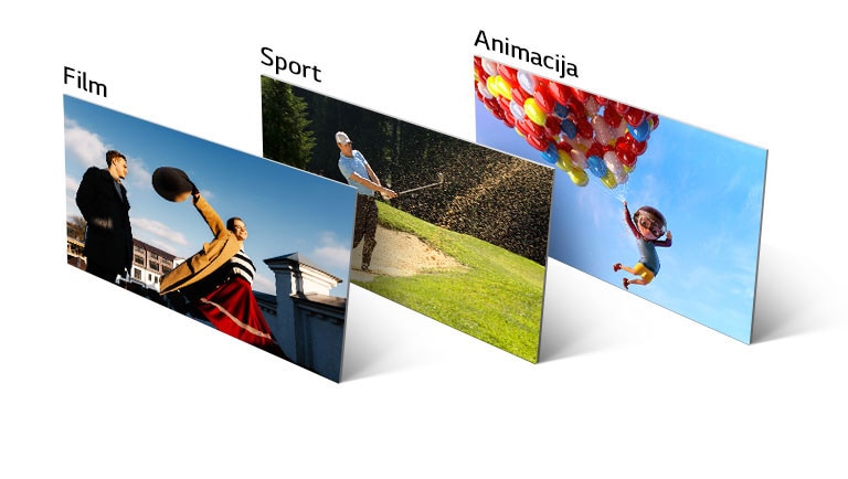 Scena iz filma, igre golfa i animacije poređane su vertikalno i iskošeno.