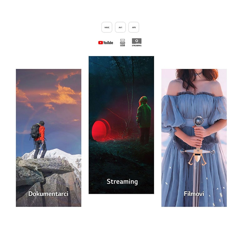 Duga vertikalna scena dokumentarca u kojoj se prikazuje muškarac na vrhu planine, usluge za prosleđivanje na kojima se prikazuje dete koje gleda u kružnu crvenu svetlost u šumi i scena filma gde se prikazuje žena koja drži mač.