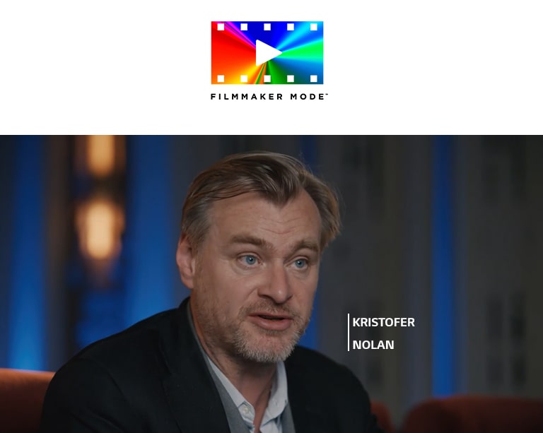 Logo FILLMAKER MODE™. Ispod logoa Kristofer Nolan daje intervju u mračnoj prostoriji.