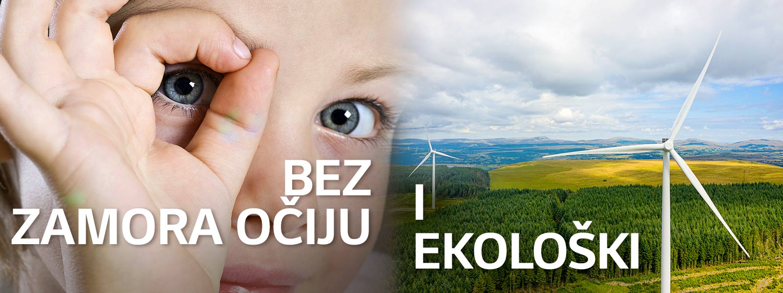 Prikaz izbliza sa dečijim okom sa leve strane i prikaz polja sa vetrenjačama.