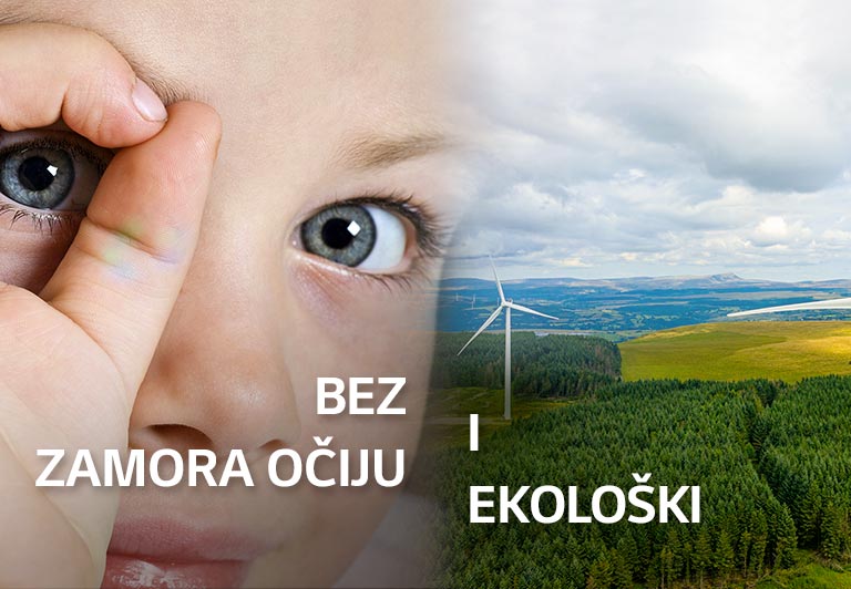 Prikaz izbliza sa dečijim okom sa leve strane i prikaz polja sa vetrenjačama.