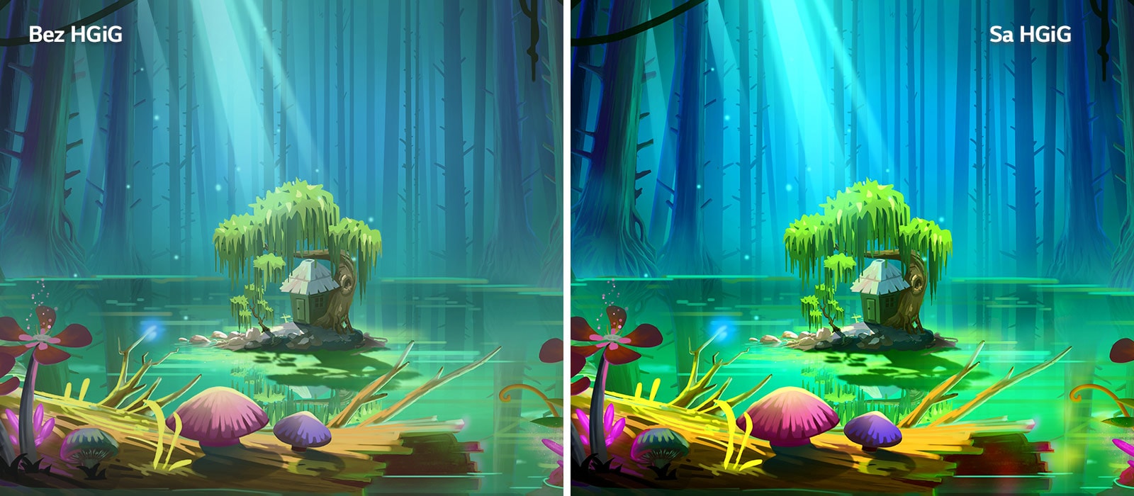 Animirana slika, mala kuća i drvo na maloj površini tla koje se nalazi na sredini jezerceta okruženog visokim i ogoljenim drvećem, sa natpisom „Sa HGIG” u gornjem desnom uglu – slika je svetlija i boljeg kvaliteta u odnosu na sliku bez HGiG.