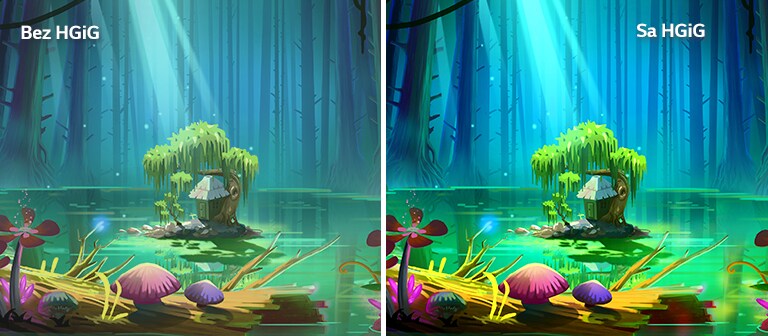 Animirana slika, mala kuća i drvo na maloj površini tla koje se nalazi na sredini jezerceta okruženog visokim i ogoljenim drvećem, sa natpisom „Sa HGIG” u gornjem desnom uglu – slika je svetlija i boljeg kvaliteta u odnosu na sliku bez HGiG.