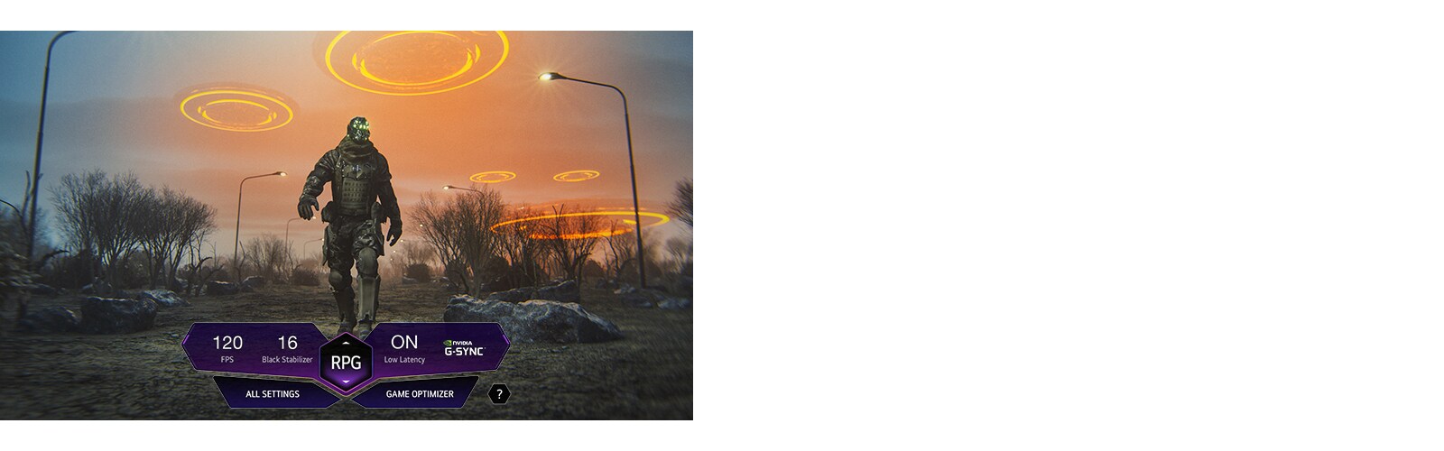 TV ekran sa kontrolnom tablom za igre nalazi se u sredini i prikazuje vojnika koji hoda prema sredini pustare.