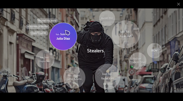 TV ekran na kom se prikazuje muškarac koji vozi bicikl u crnoj uniformi i informacije povezane sa sadržajem kao što su informacije o režiseru ili glumcu, muzici itd.