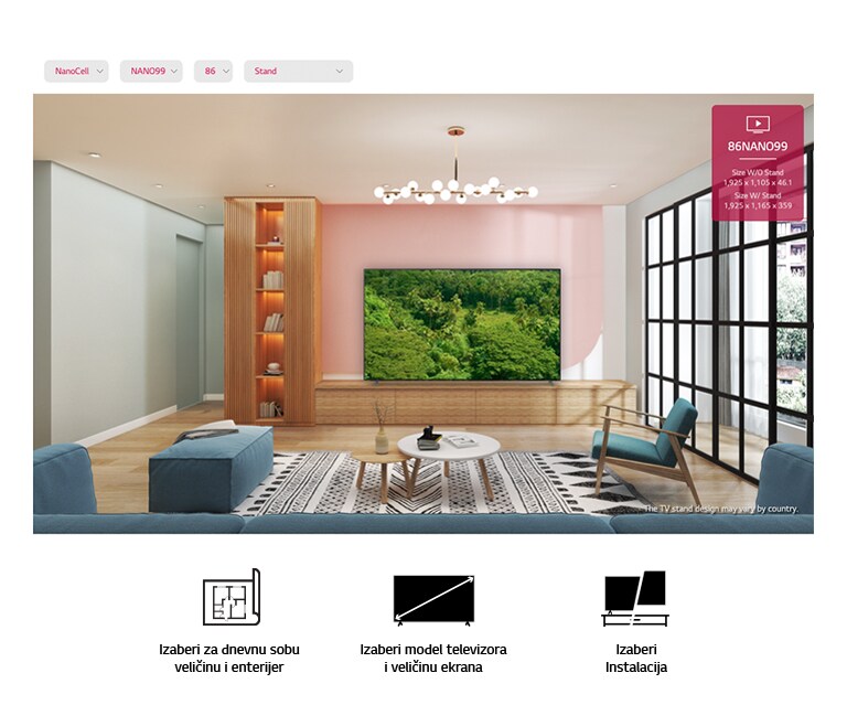 Veliki televizor sa ravnim ekranom montiran na ružičasti zid okružen nameštajem od prirodnih materijala. Na ekranu se prikazuje šuma sa bujnom vegetacijom.