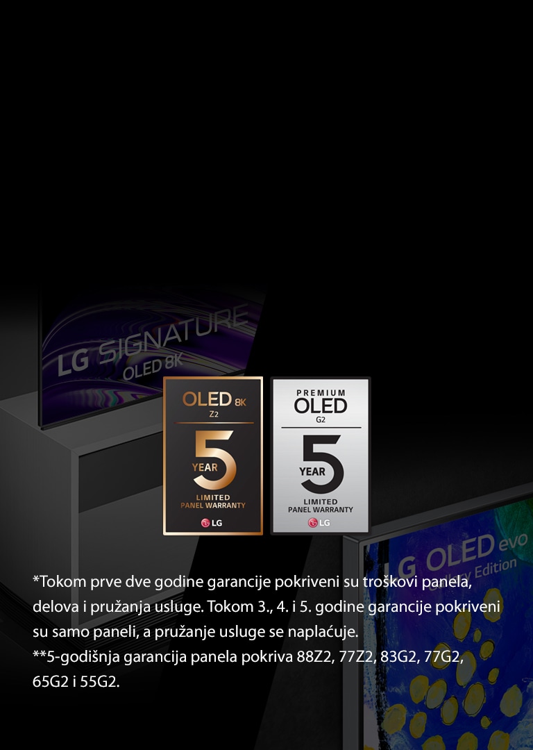 Na levoj strani slike prikazuje se bočni prikaz LG OLED Z2 sa podnim postoljem. Na desnoj strani prikazuje se Gallery dizajn LG OLED G2. Logotipi 5-godišnje garancije nalaze se u sredini slike.