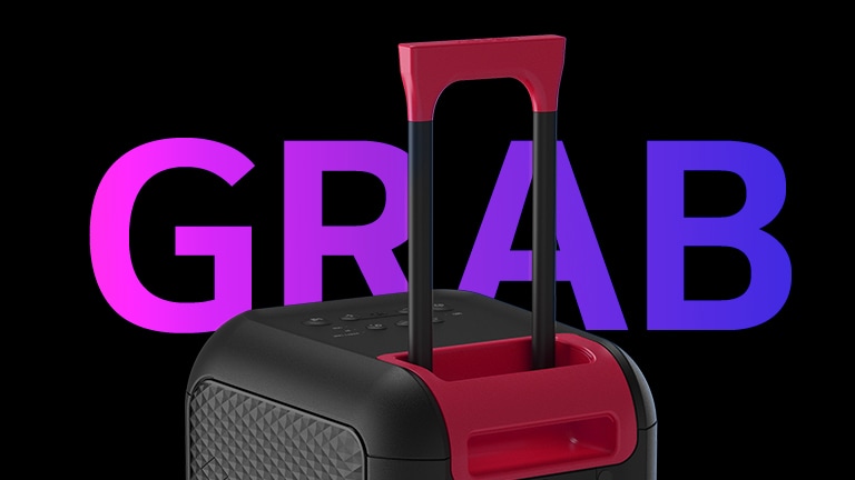 Krupni plan teleskopske ručke. Iza je ispisana reč „GRAB” u svrhu dizajna.