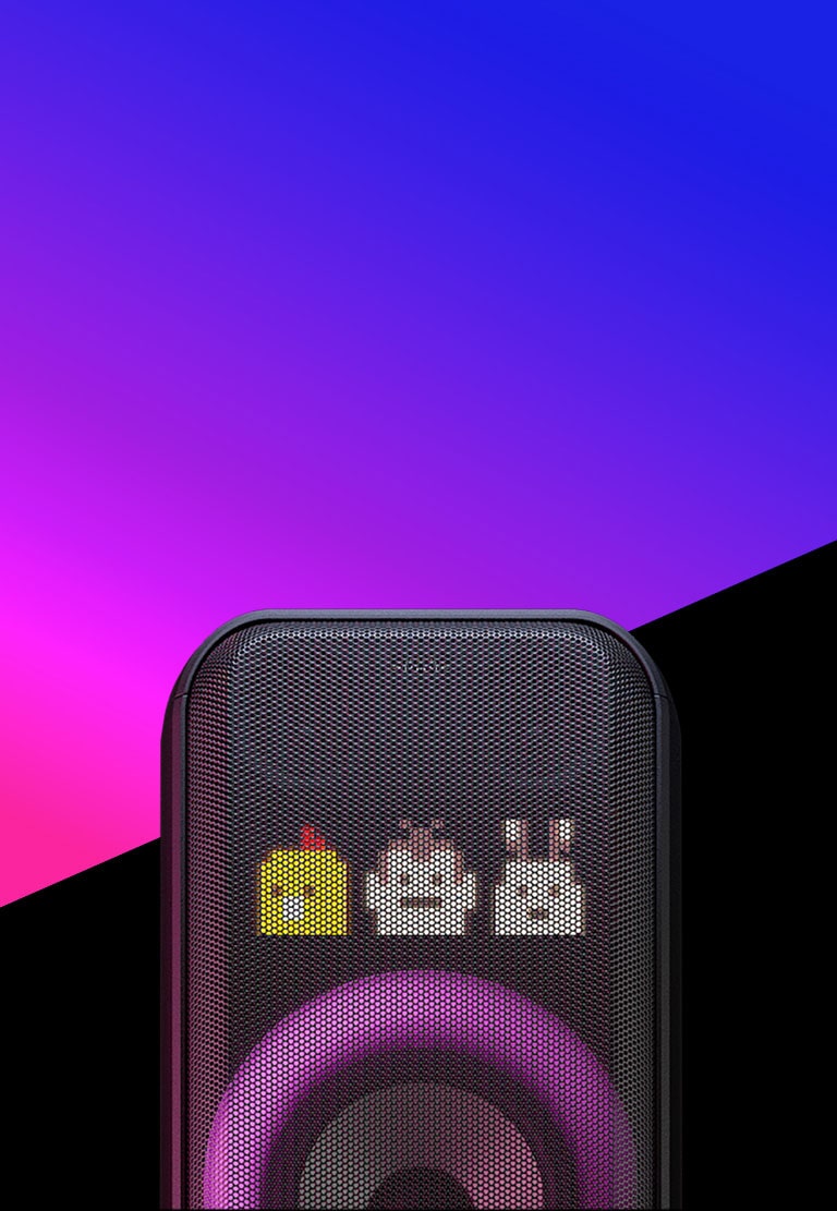 Tekst se nalazi na površini s prelazom ljubičaste boje, a ispod je dijagonalna površina crne boje. U sredini je zvučnik s osvetljenjem dinamičnim pikselima i raznobojnim prstenastim osvetljenjem.