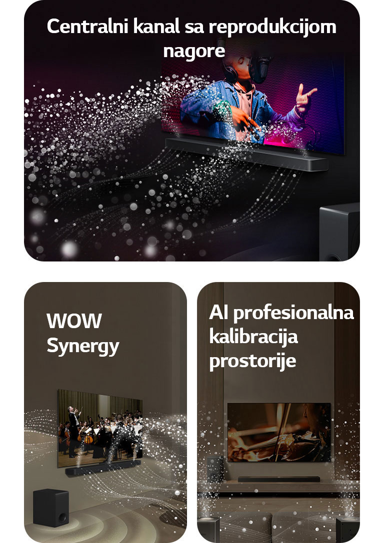 LG Soundbar i LG TV u crnoj prostoriji emituju muzički nastup. Bele kapljice koje predstavljaju zvučne talase kreću se nagore i unapred sa soundbar zvučnika, dok niskotonac stvara zvučni efekat odozdo.  LG Soundbar i LG TV u dnevnoj sobi prikazuju orkestar koji svira. Beli talasi kapljica koji predstavljaju zvučne talase kreću se nagore i unapred sa soundbar zvučnika i emituju se sa TV-a, dok niskotonac stvara zvučni efekat odozdo.  LG Soundbar, LG TV, zadnji zvučnici i niskotonac nalaze se u dnevnoj sobi. Preko sobe se prikazuje mreža koja predstavlja plan prostorije. Beli zvučni talasi sačinjeni od kapljica prikazuju harmoničan zvuk koji emituju zadnji zvučnici i Soundbar.