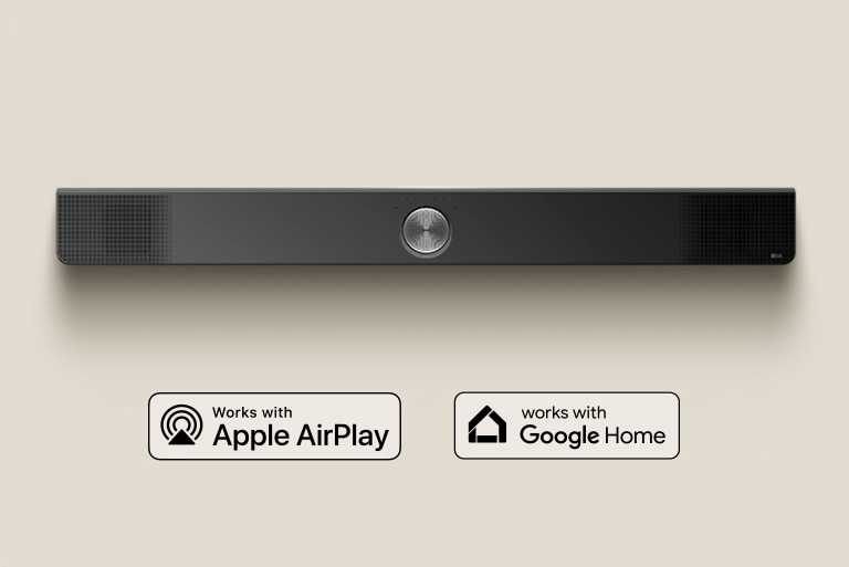 Slika LG Soundbar zvučnika odozgo. Apple AirPlay logo Amazon Alexa logo Google Home logo