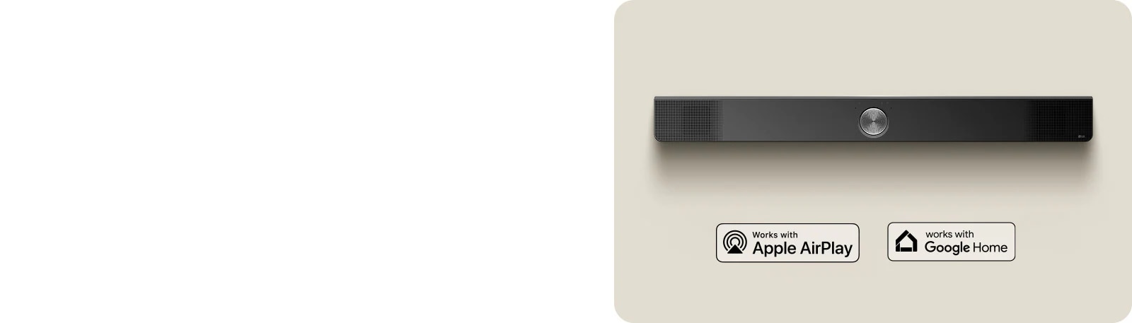 Slika LG Soundbar zvučnika odozgo. Apple AirPlay logo Amazon Alexa logo Google Home logo